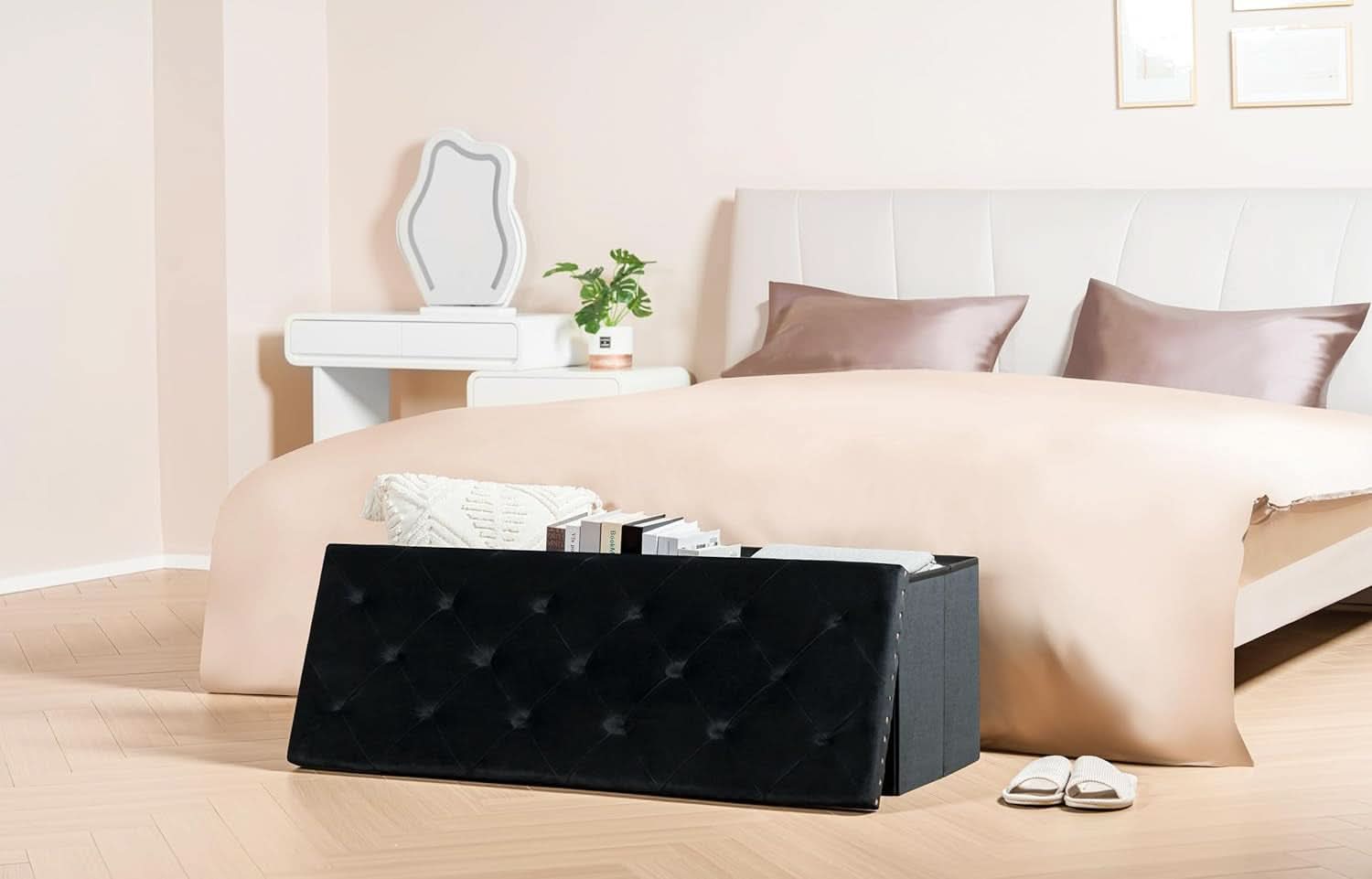 Black Premium Velvet Storage Ottoman Bench Bedroom
