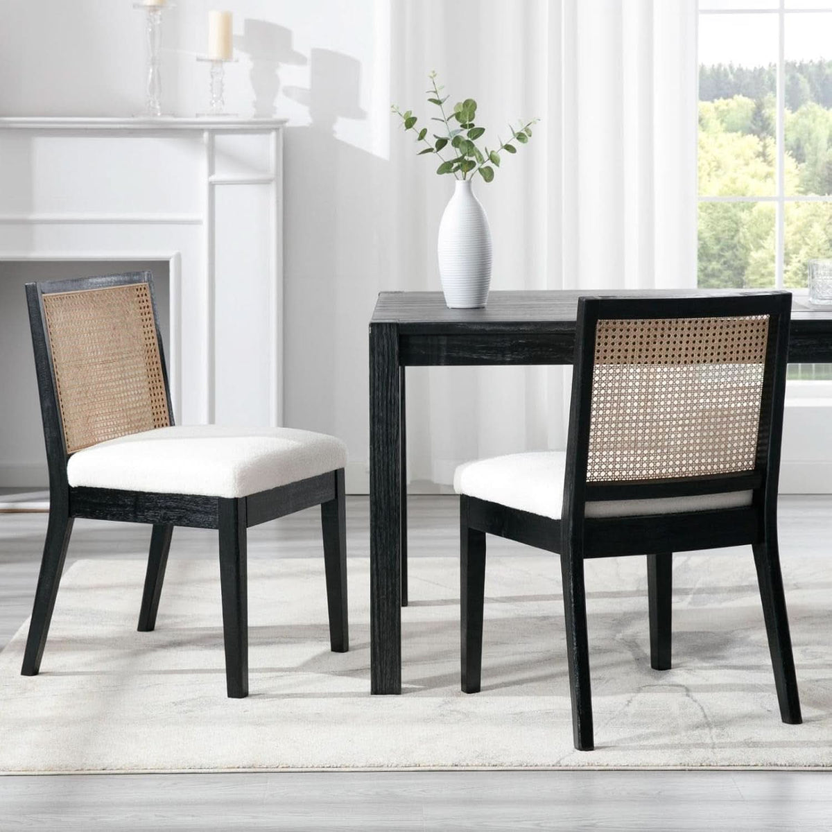 Black Rattan Dining Chairs Four Pack Sherpa Upholstered
