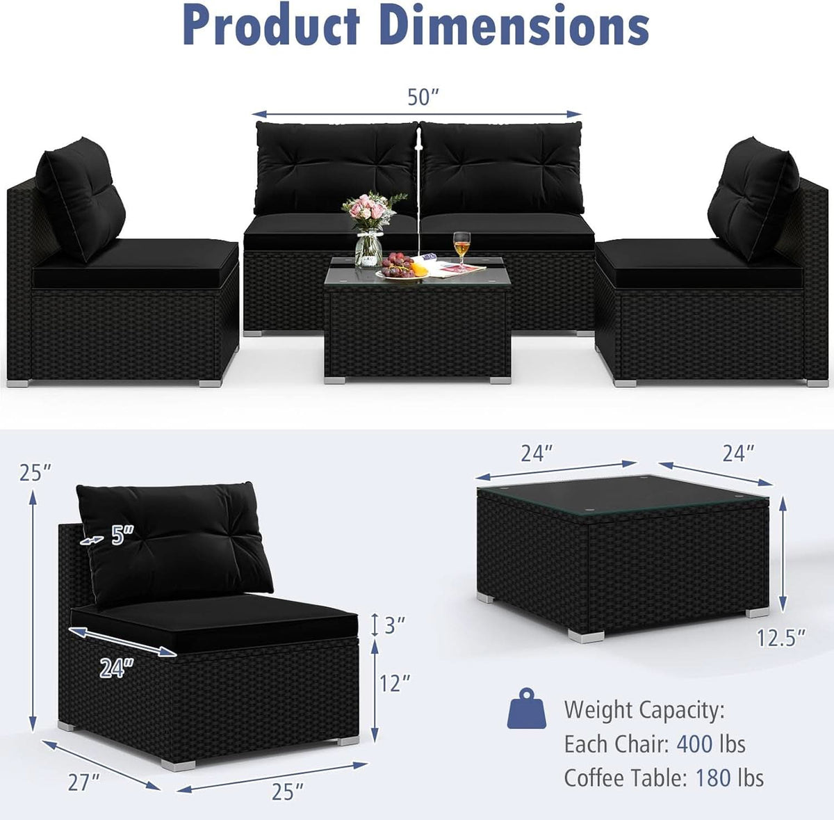 Black Rattan Outdoor Furniture Set With Glass Top Table