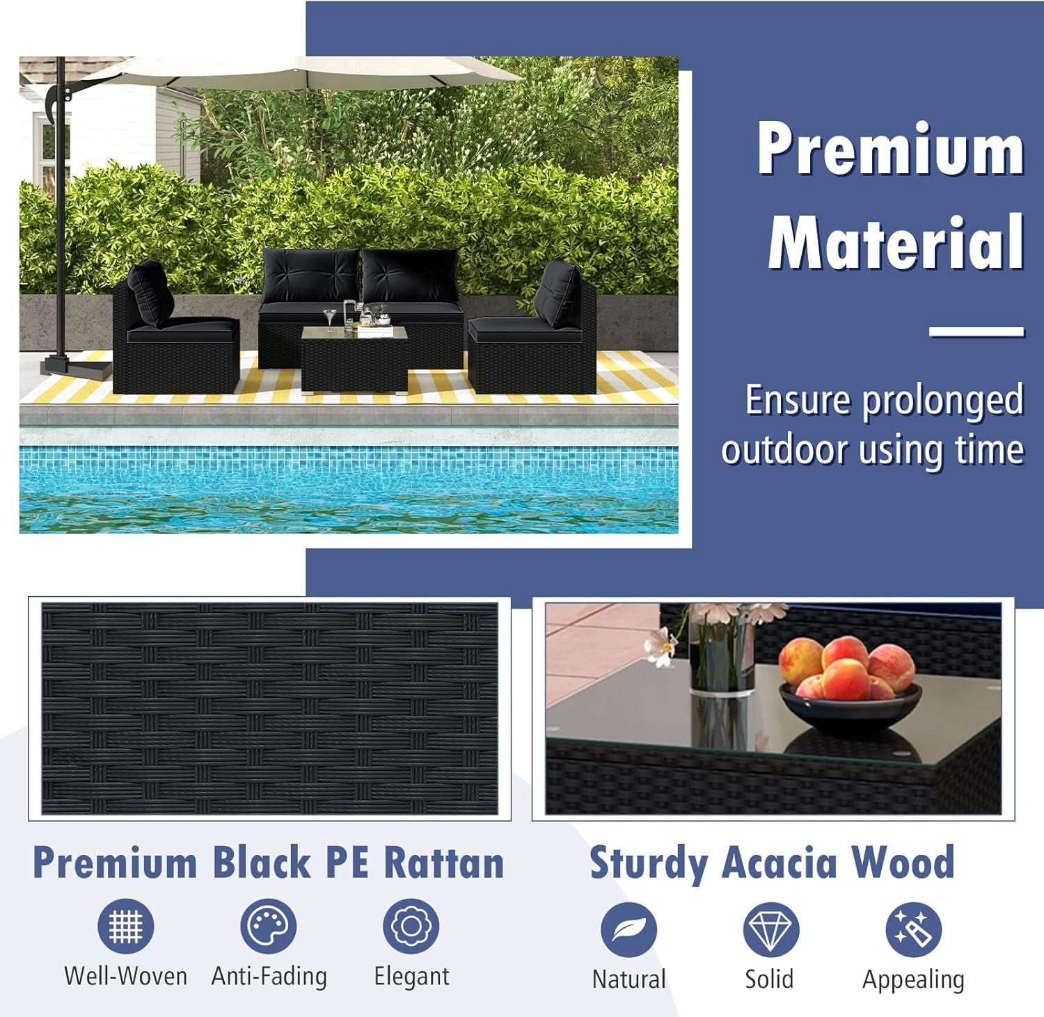 Black Rattan Outdoor Furniture Set With Glass Top Table