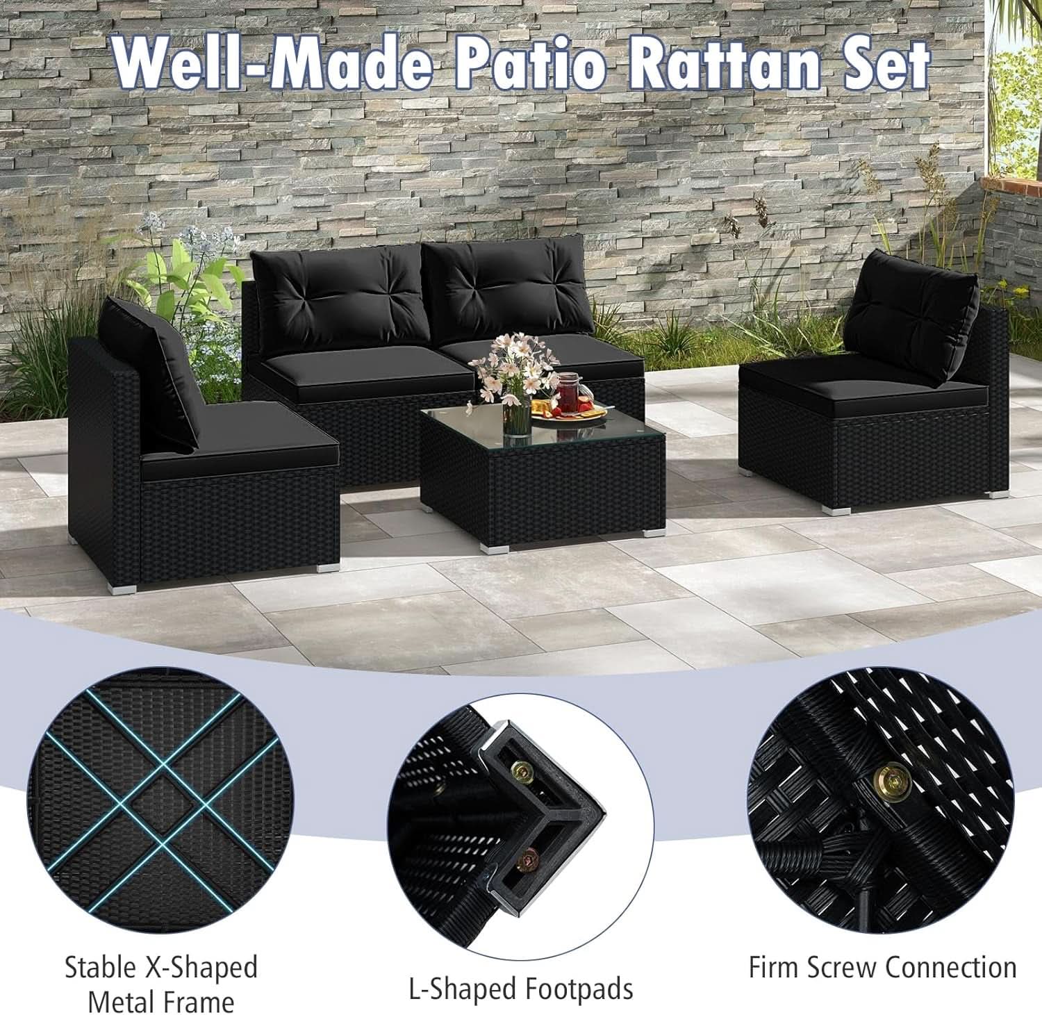 Black Rattan Outdoor Furniture Set With Glass Top Table