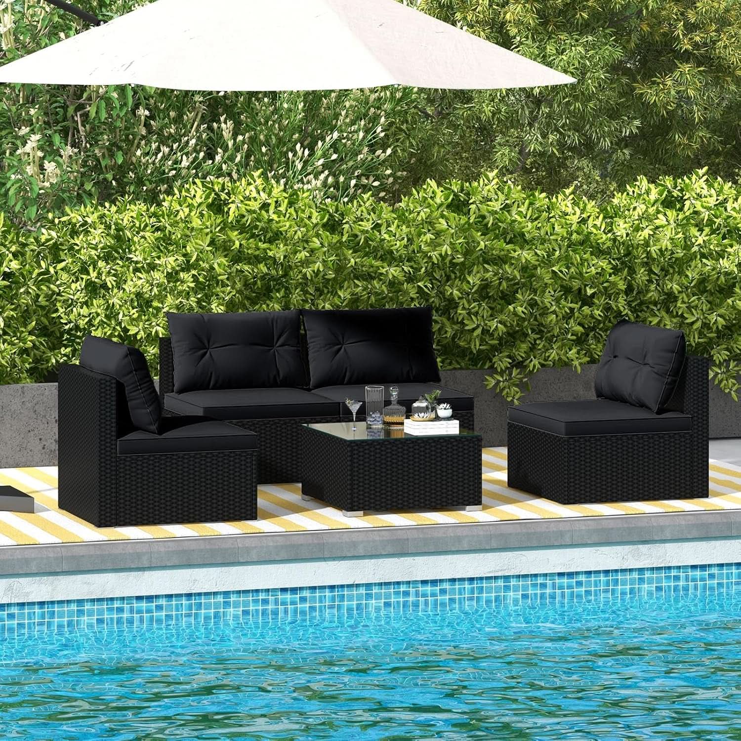 Black Rattan Outdoor Furniture Set With Glass Top Table