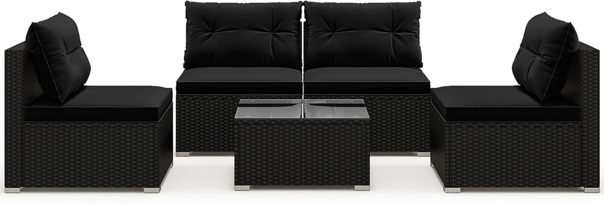 Black Rattan Outdoor Furniture Set With Glass Top Table