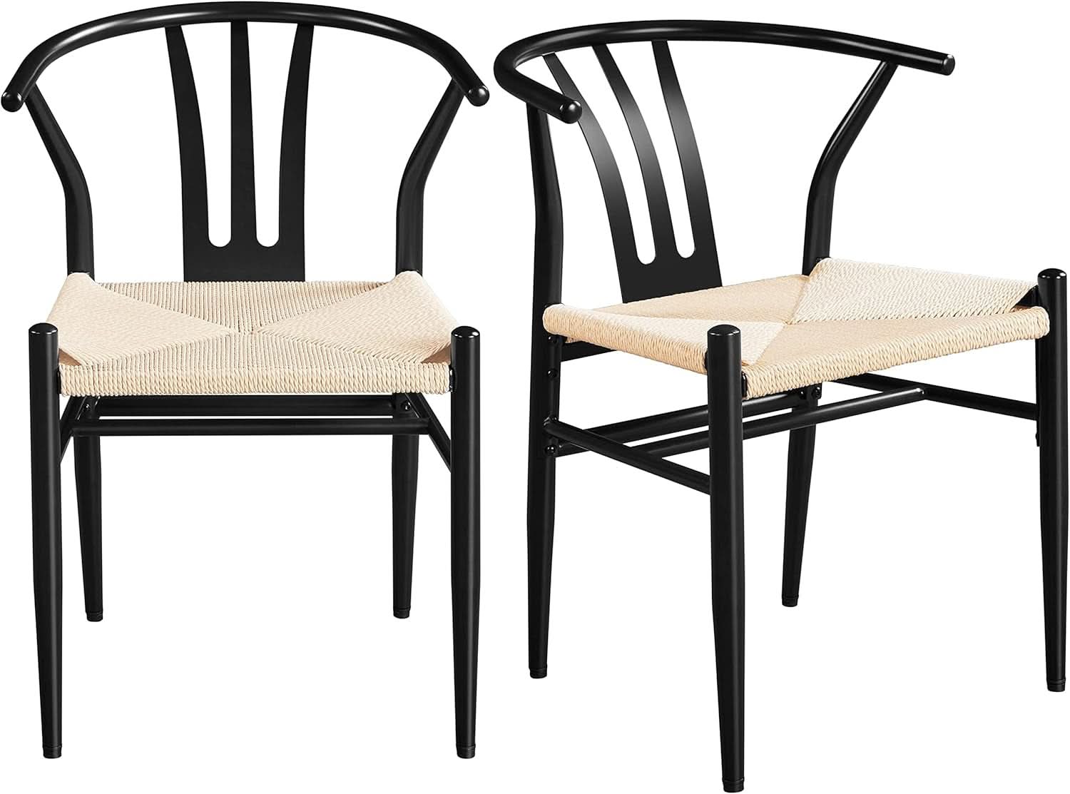Black Rattan Weave Dining Chairs Set 2 Mid Century Modern