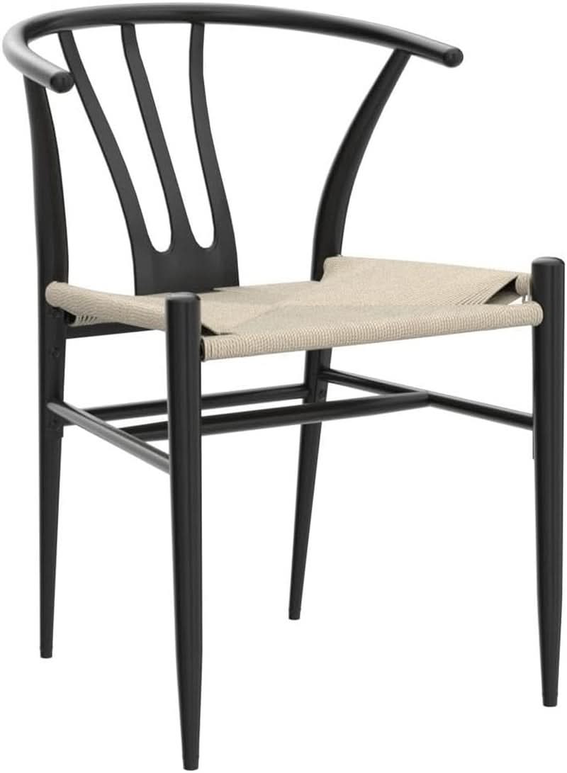 Black Rattan Weave Dining Chairs Set 2 Mid Century Modern