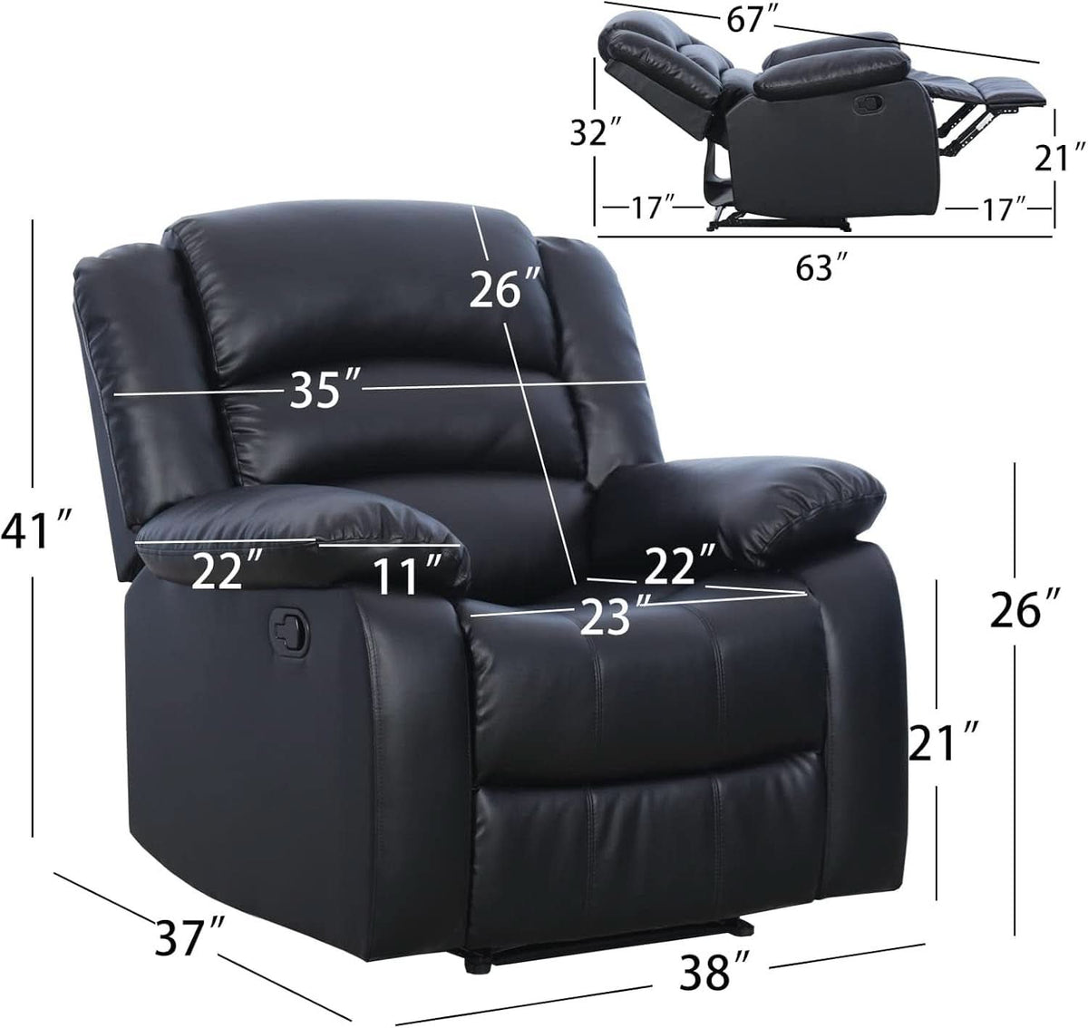 Black Recliner Chair Set of 2 With Overstuffed Cushions