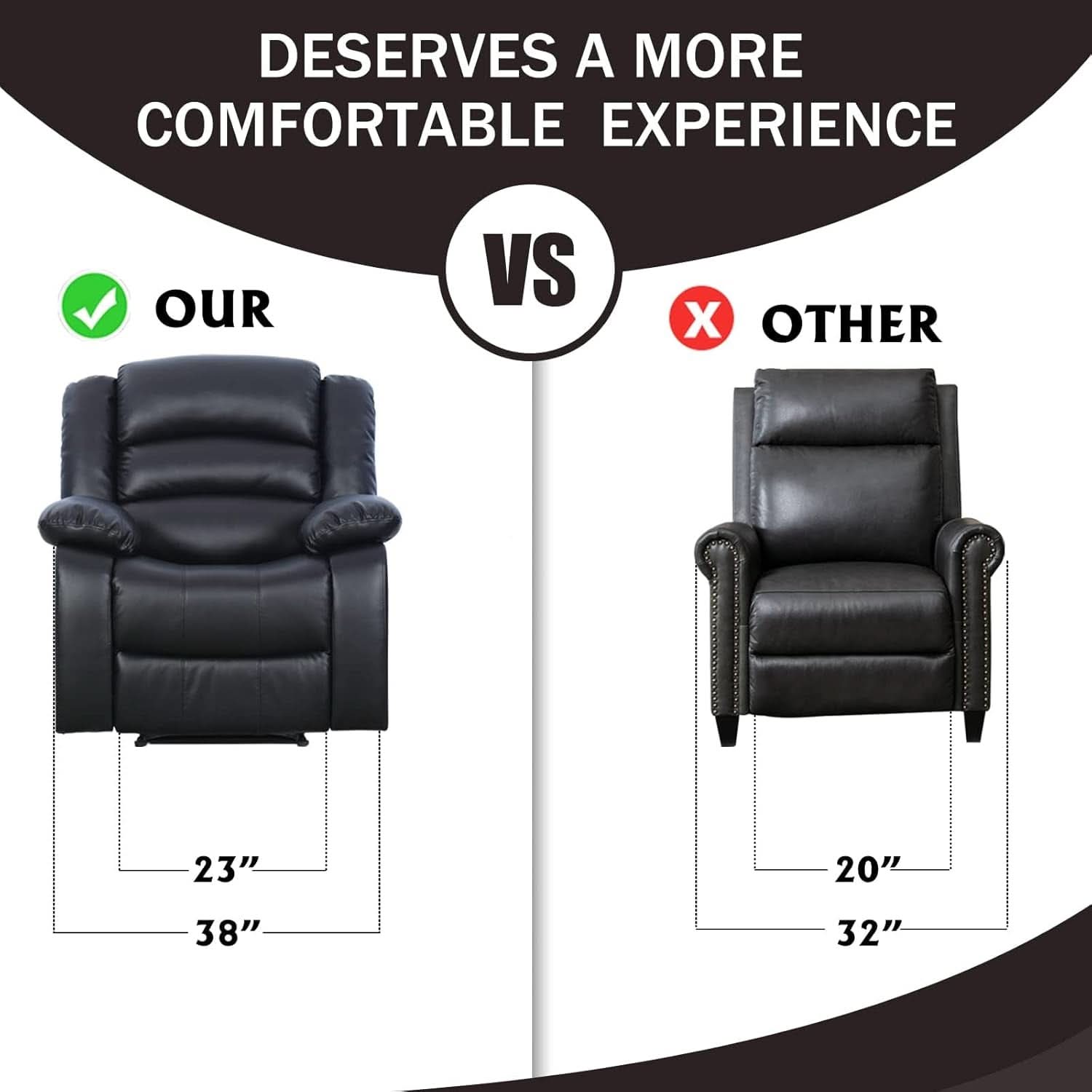 Black Recliner Chair Set of 2 With Overstuffed Cushions