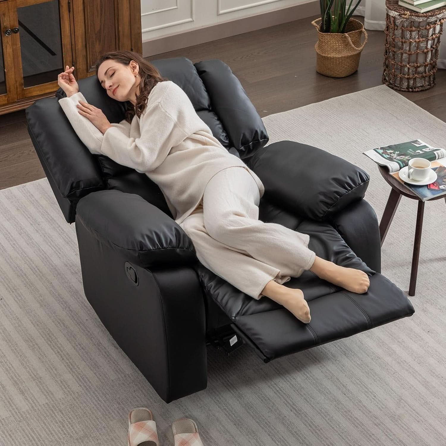 Black Recliner Chair Set of 2 With Overstuffed Cushions