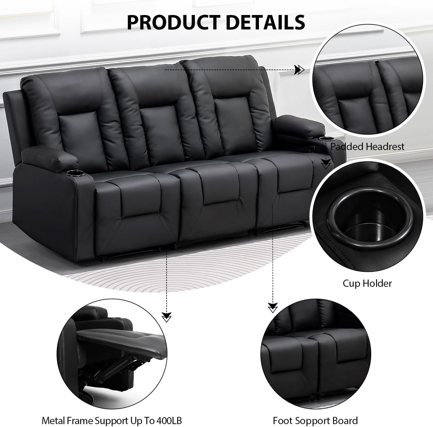 Black Recliner Three Piece Set With Ergonomic Support