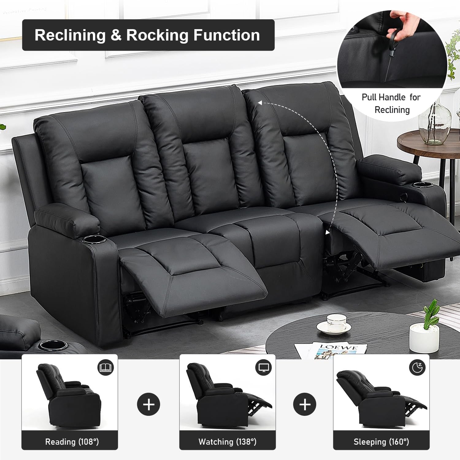Black Recliner Three Piece Set With Ergonomic Support