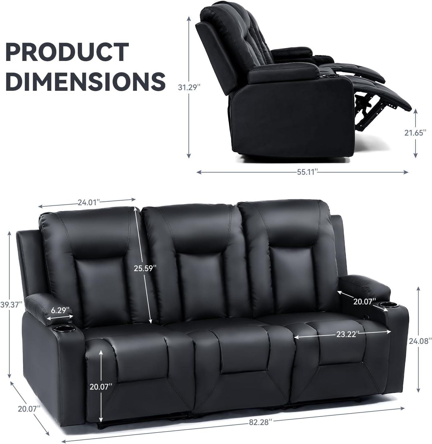 Black Recliner Three Piece Set With Ergonomic Support