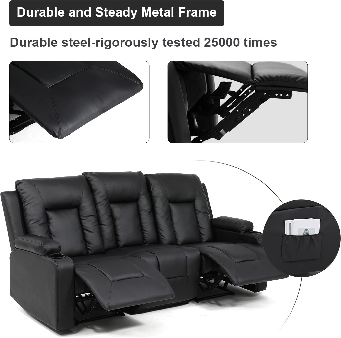 Black Recliner Three Piece Set With Ergonomic Support