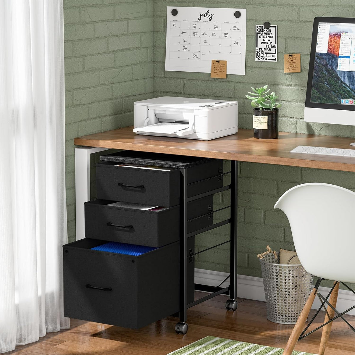 Black Rolling File Cabinet Three Drawers Office Storage