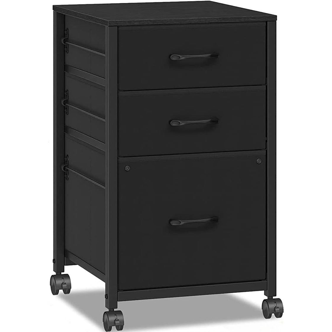 Black Rolling File Cabinet Three Drawers Office Storage