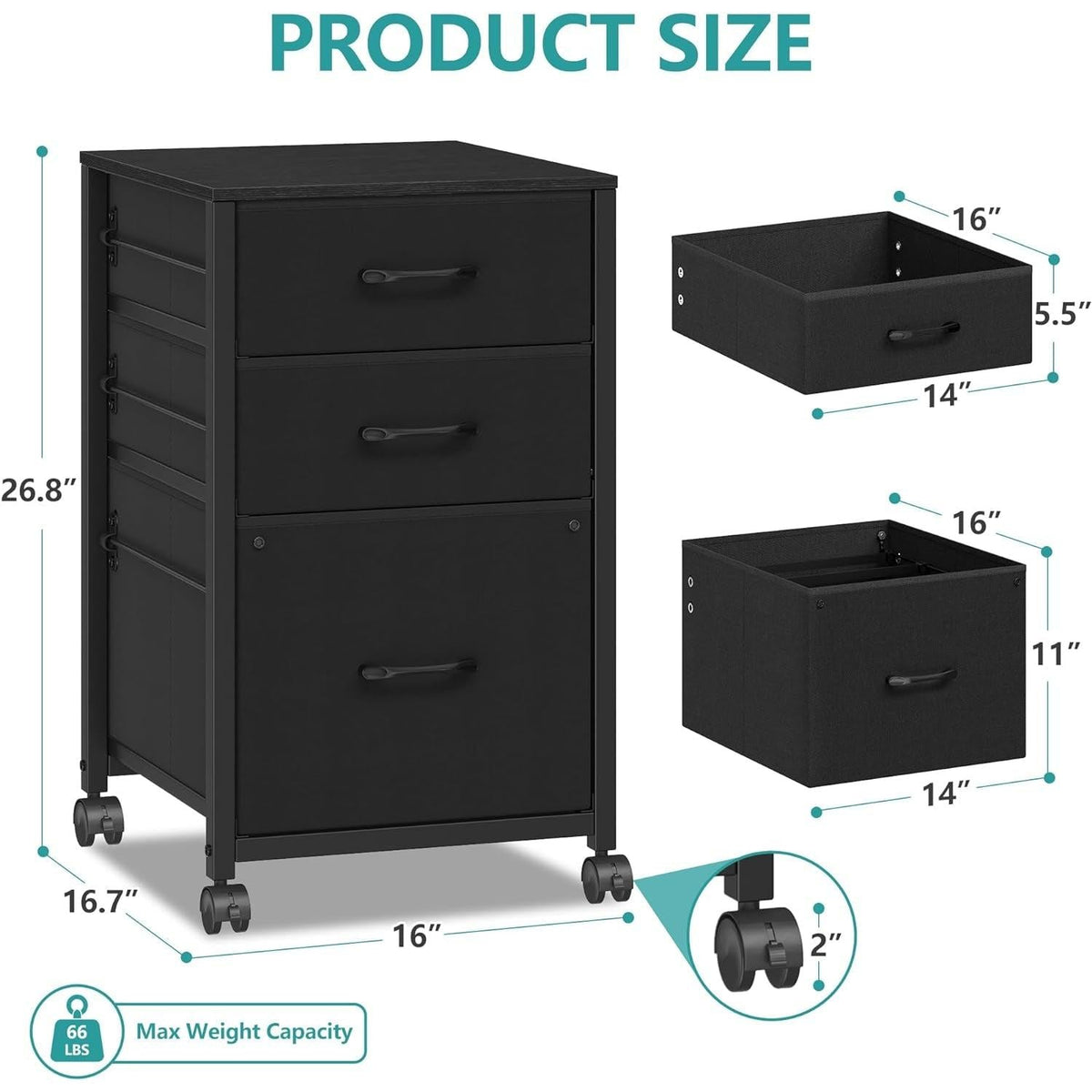 Black Rolling File Cabinet Three Drawers Office Storage