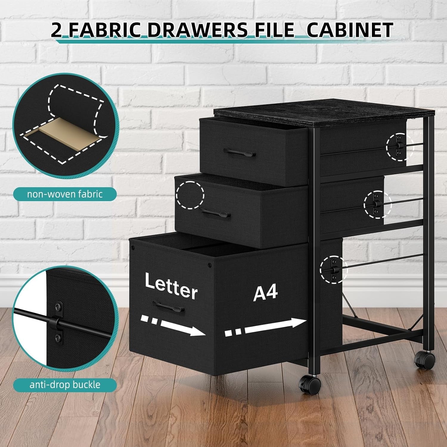 Black Rolling File Cabinet Three Drawers Office Storage