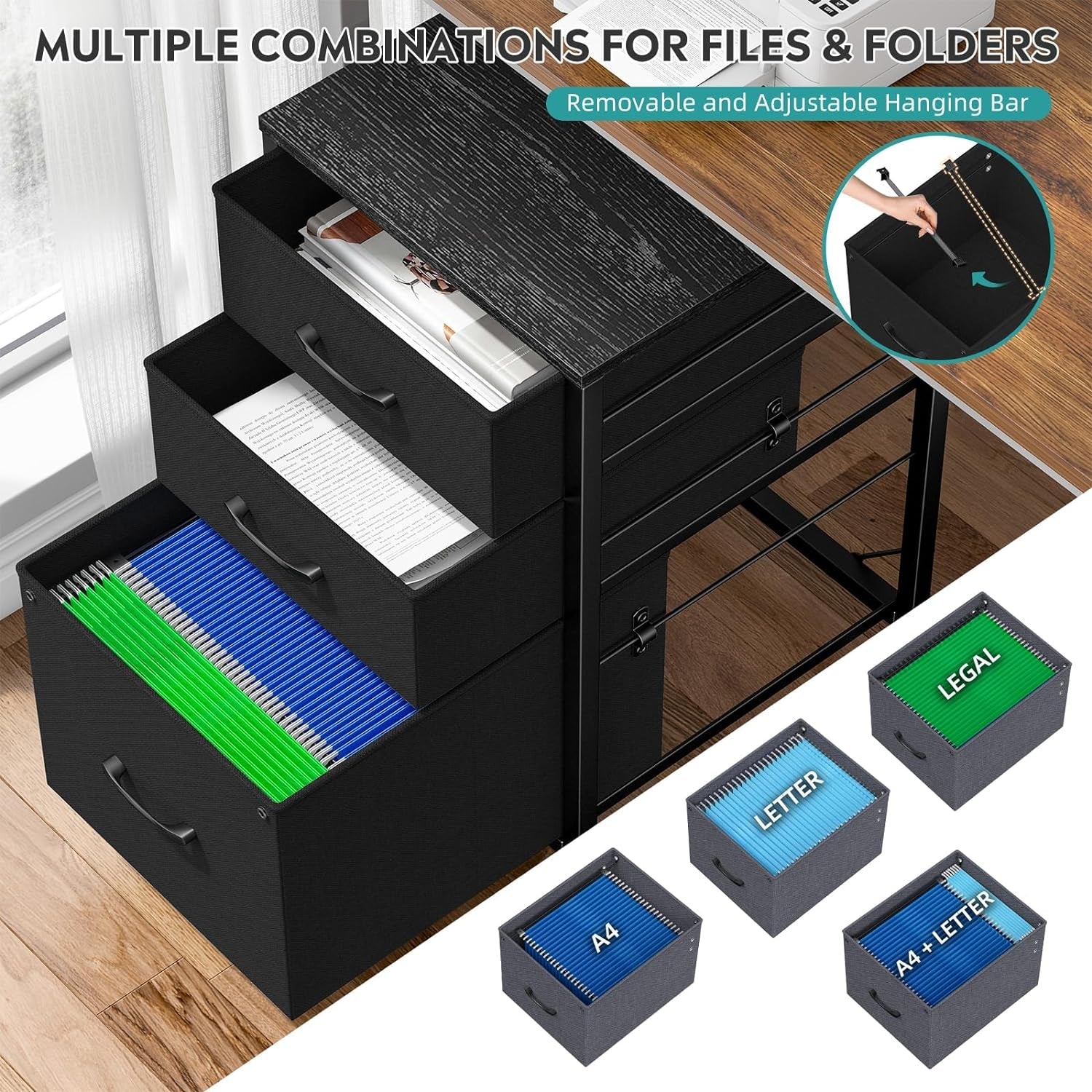 Black Rolling File Cabinet Three Drawers Office Storage