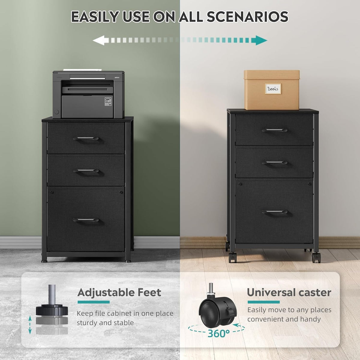 Black Rolling File Cabinet Three Drawers Office Storage