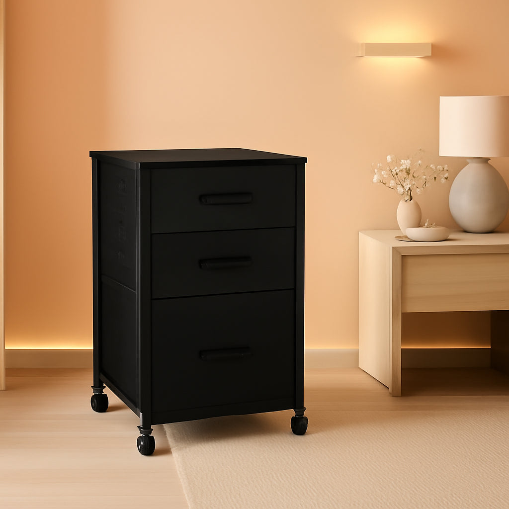 Black Rolling File Cabinet Three Drawers Office Storage