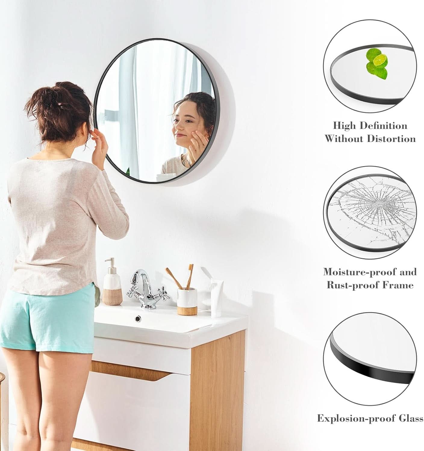 Black Round Wall Mirror 24 Inch Shatterproof Glass Bathroom