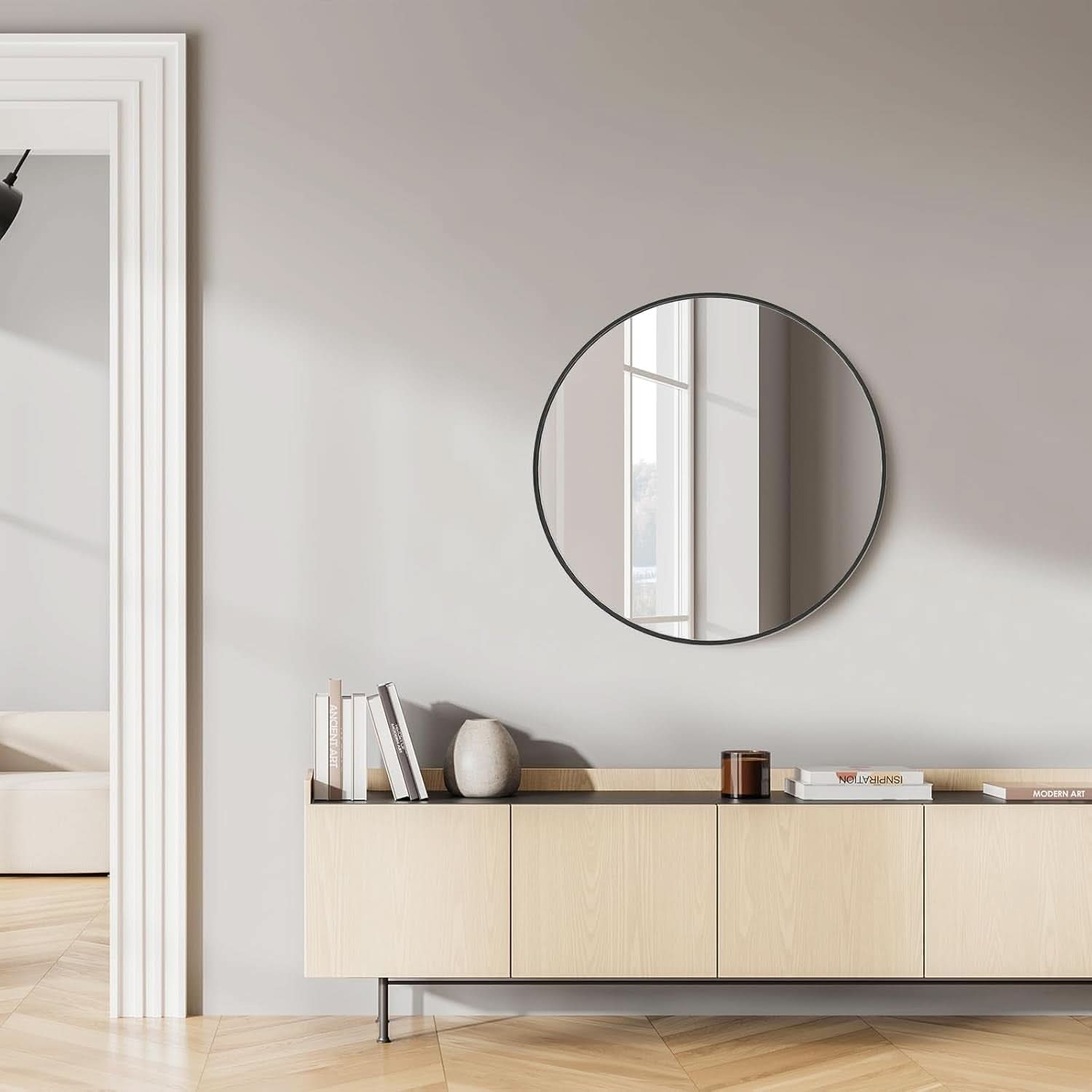 Black Round Wall Mirror 24 Inch Shatterproof Glass Bathroom