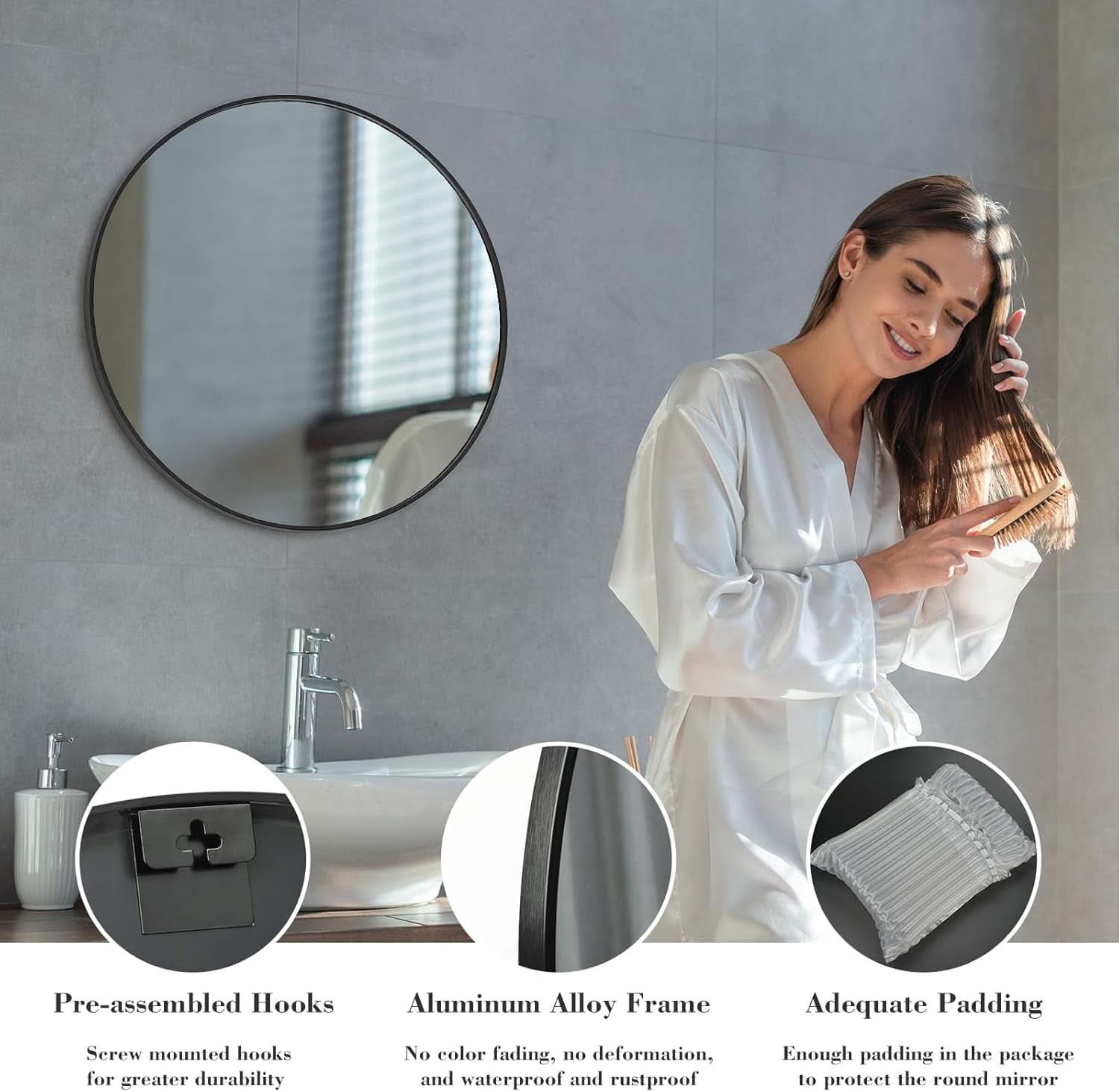 Black Round Wall Mirror 24 Inch Shatterproof Glass Bathroom