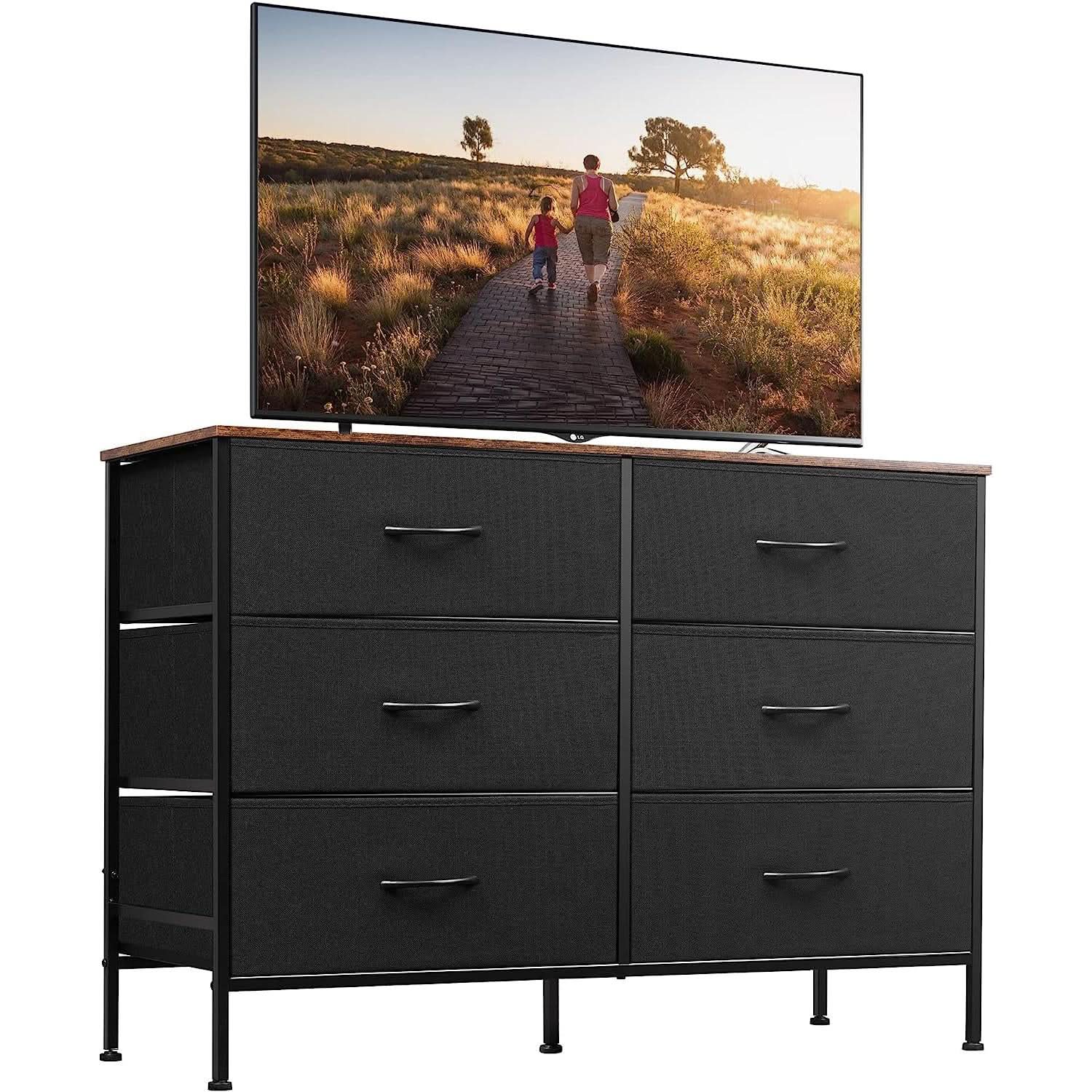 Black Rustic Dresser With TV Stand And Six Drawers