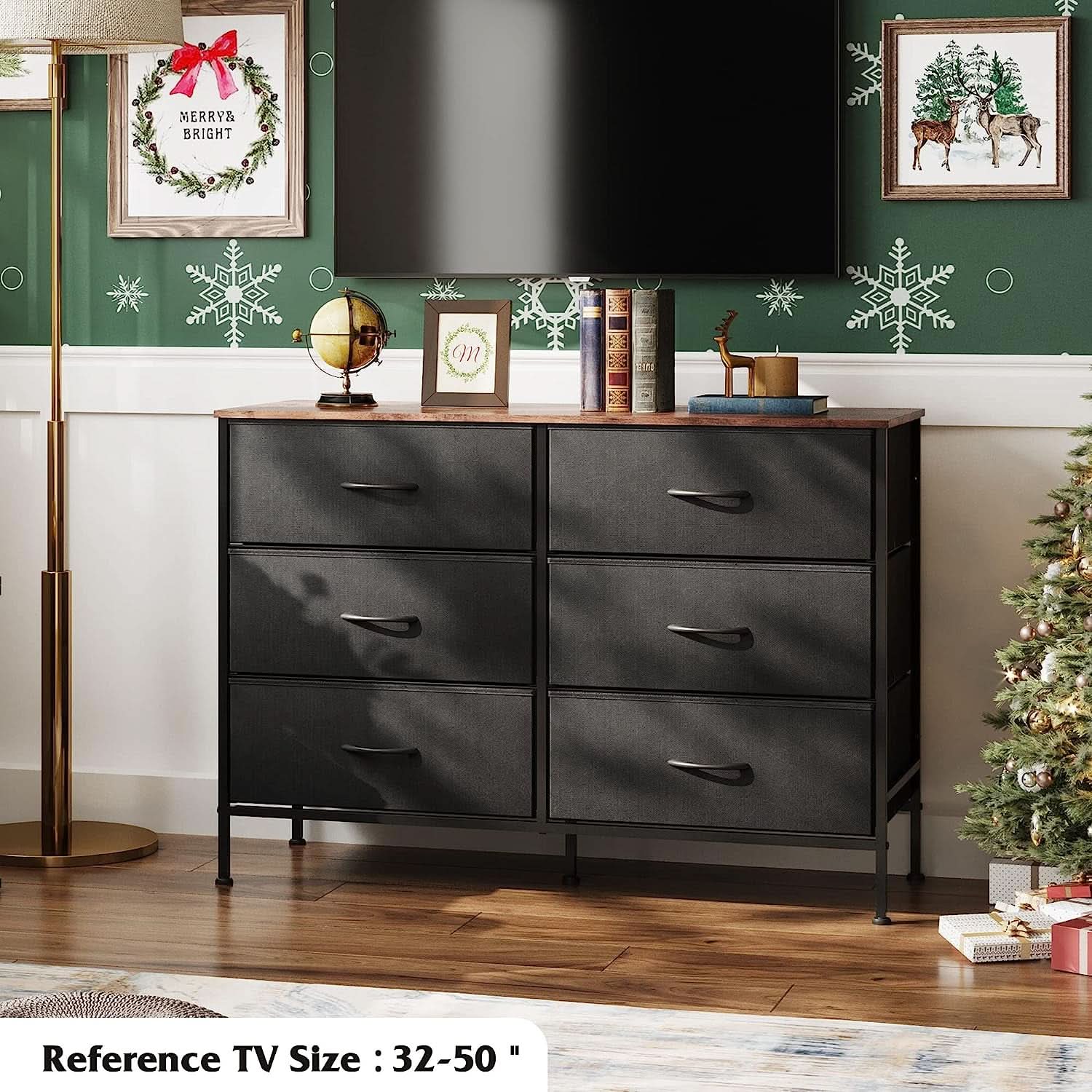 Black Rustic Dresser With TV Stand And Six Drawers
