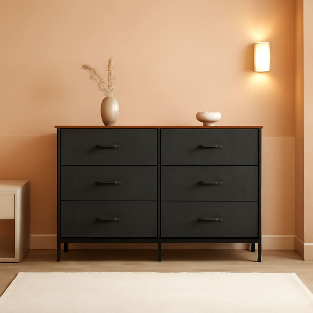 Black Rustic Dresser With TV Stand And Six Drawers