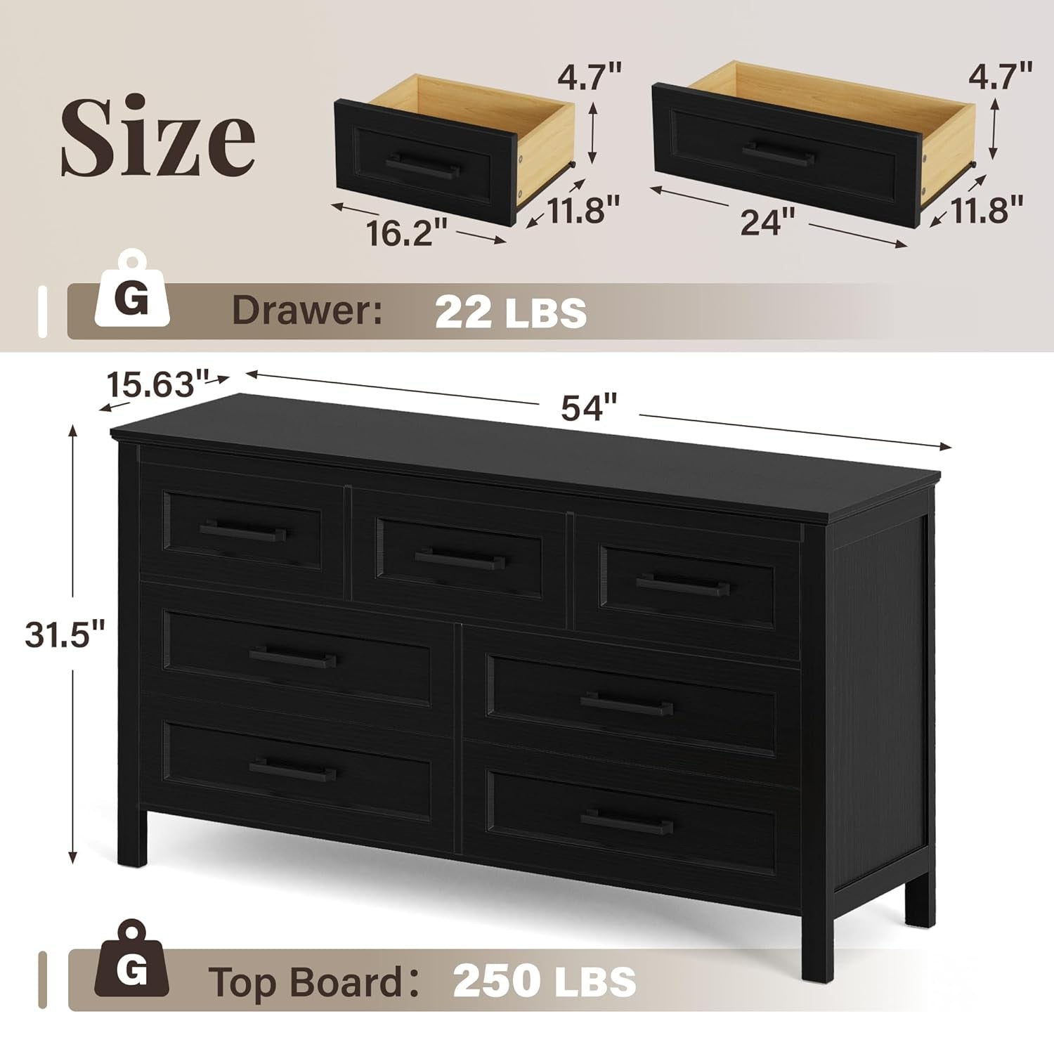 Black Seven Drawer Dresser For Bedroom Organization