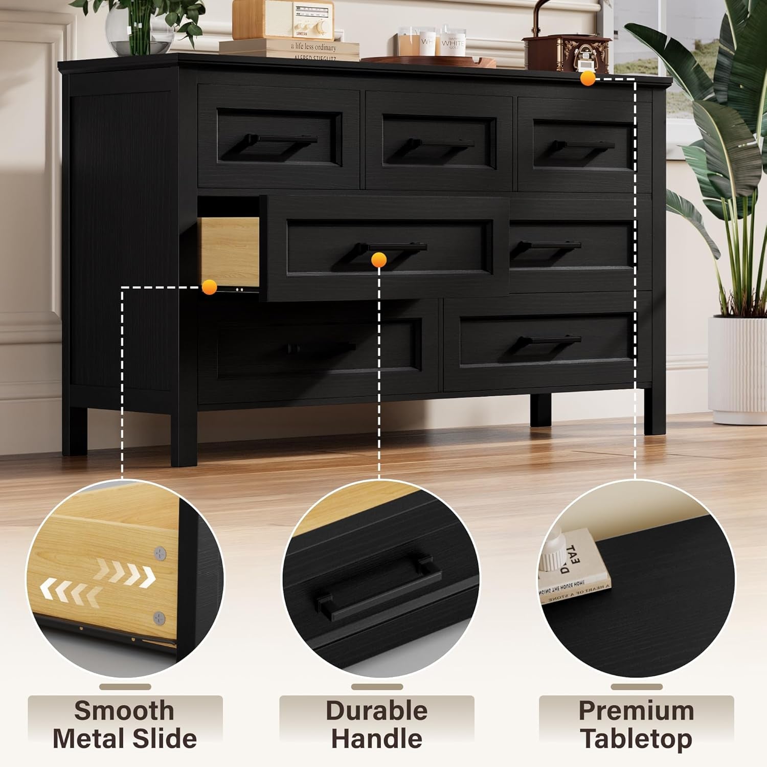 Black Seven Drawer Dresser For Bedroom Organization