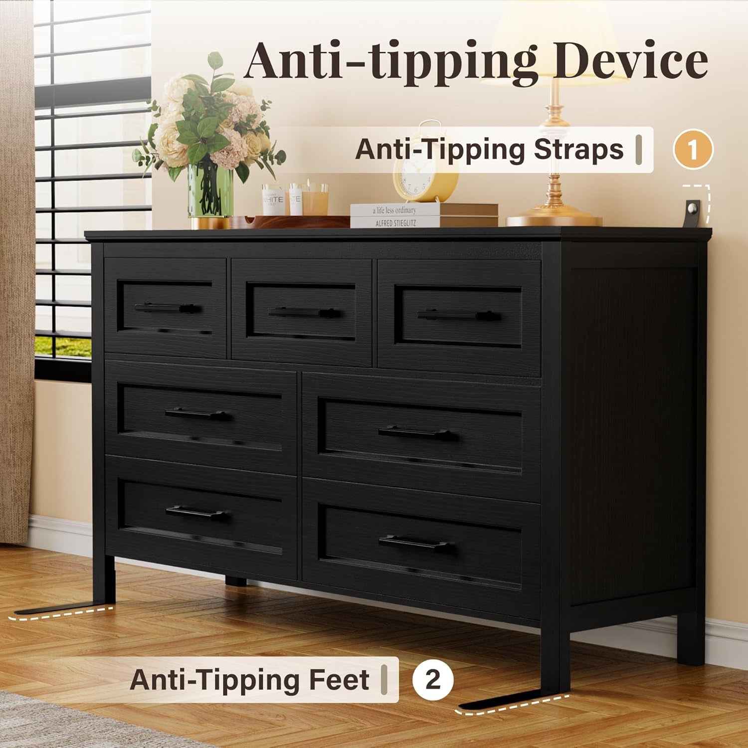 Black Seven Drawer Dresser For Bedroom Organization