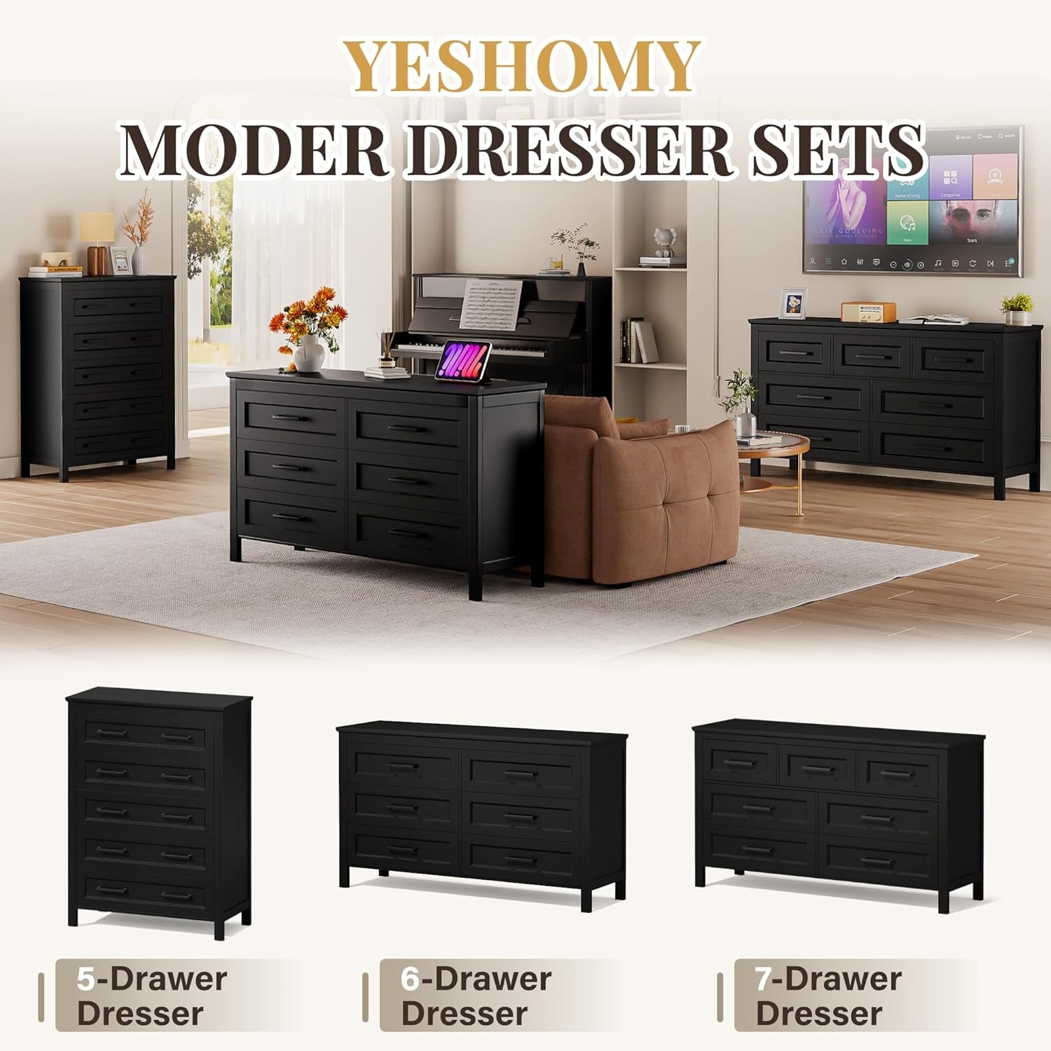 Black Seven Drawer Dresser For Bedroom Organization