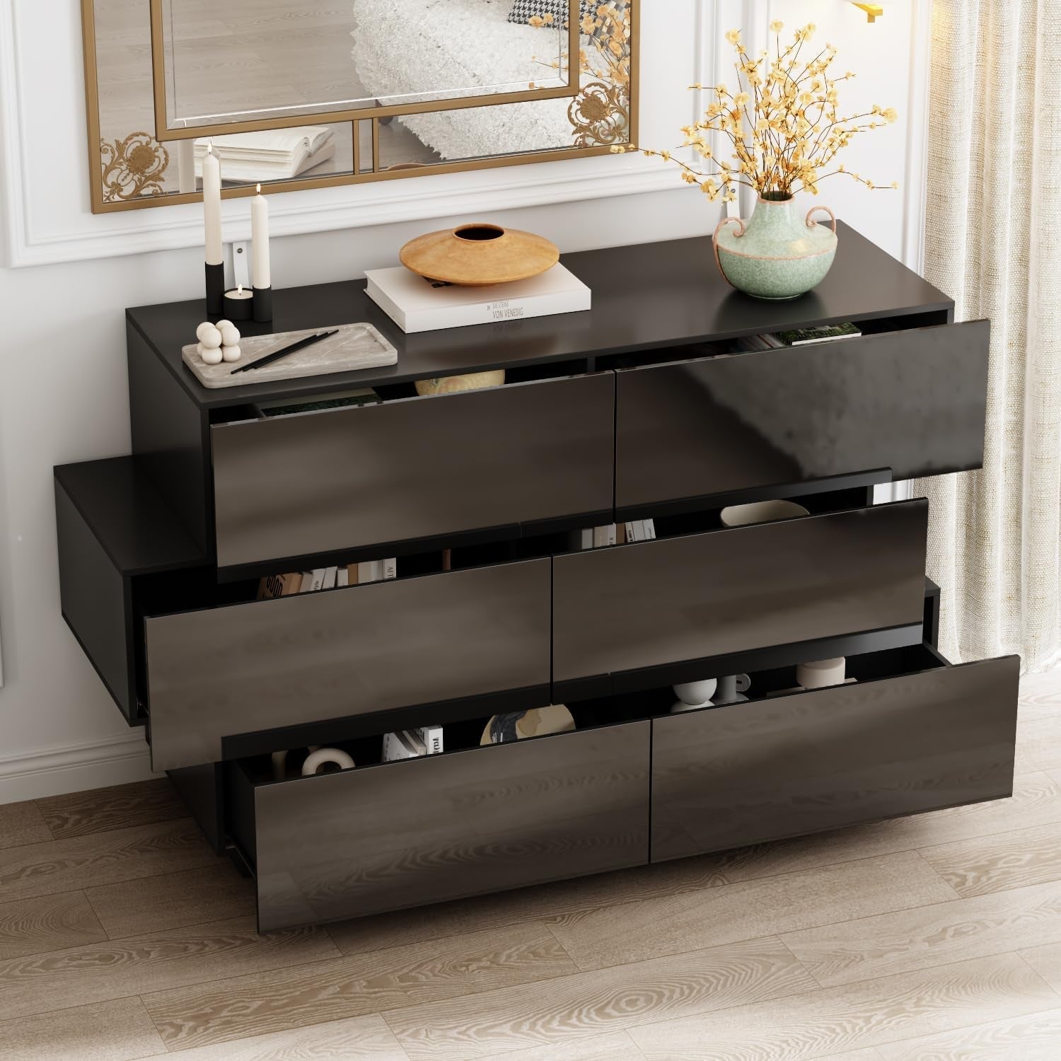 Black Six Drawer Dresser For Bedroom Organization Storage
