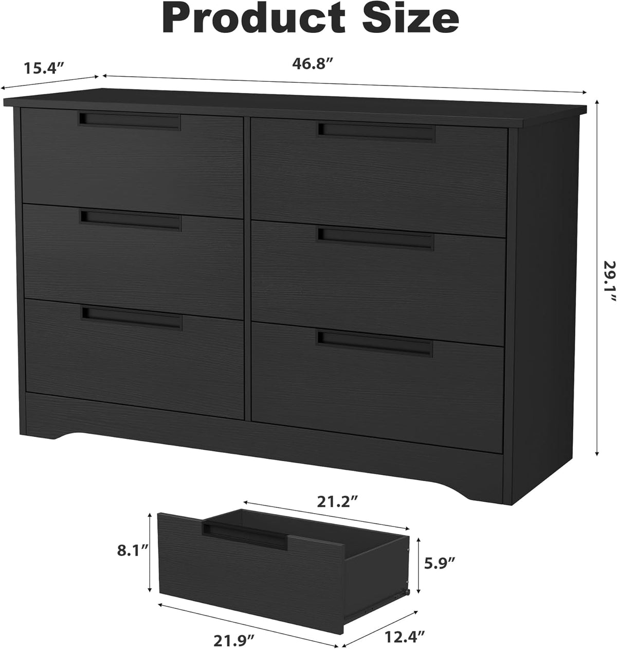 Black Six Drawer Dresser With Embedded Handles And Large Storage