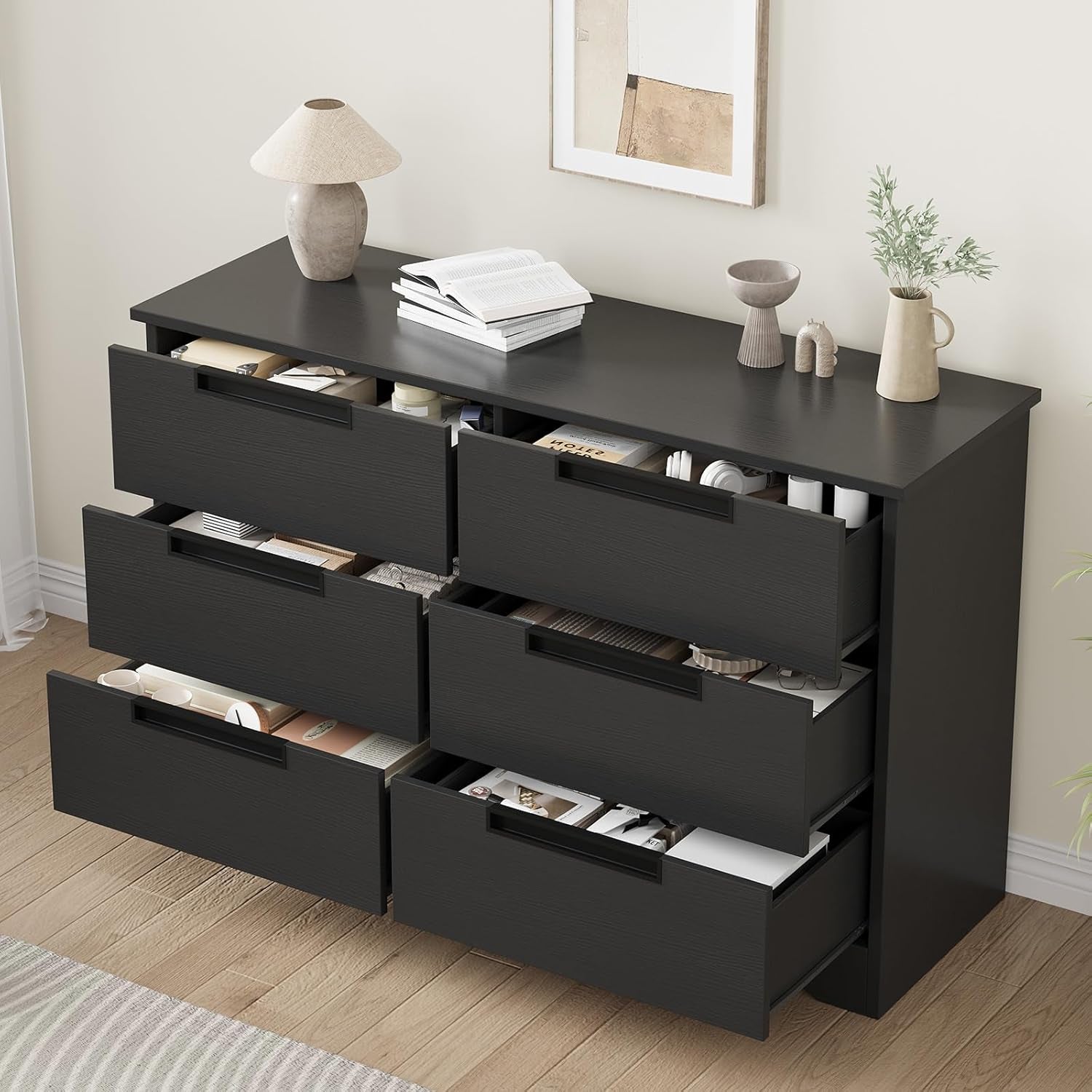 Black Six Drawer Dresser With Embedded Handles And Large Storage