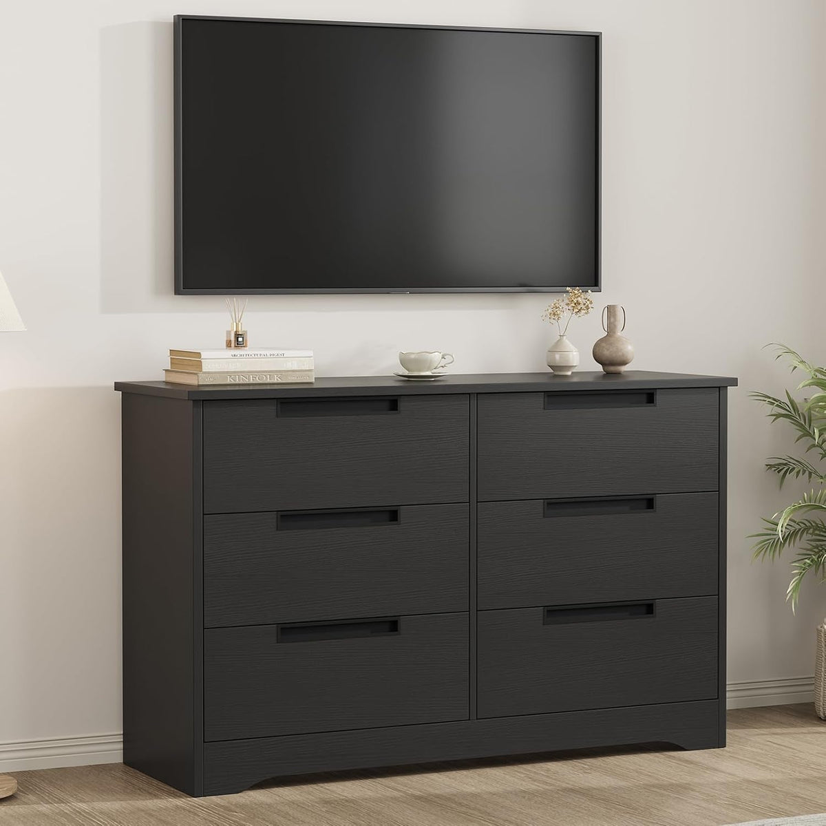 Black Six Drawer Dresser With Embedded Handles And Large Storage