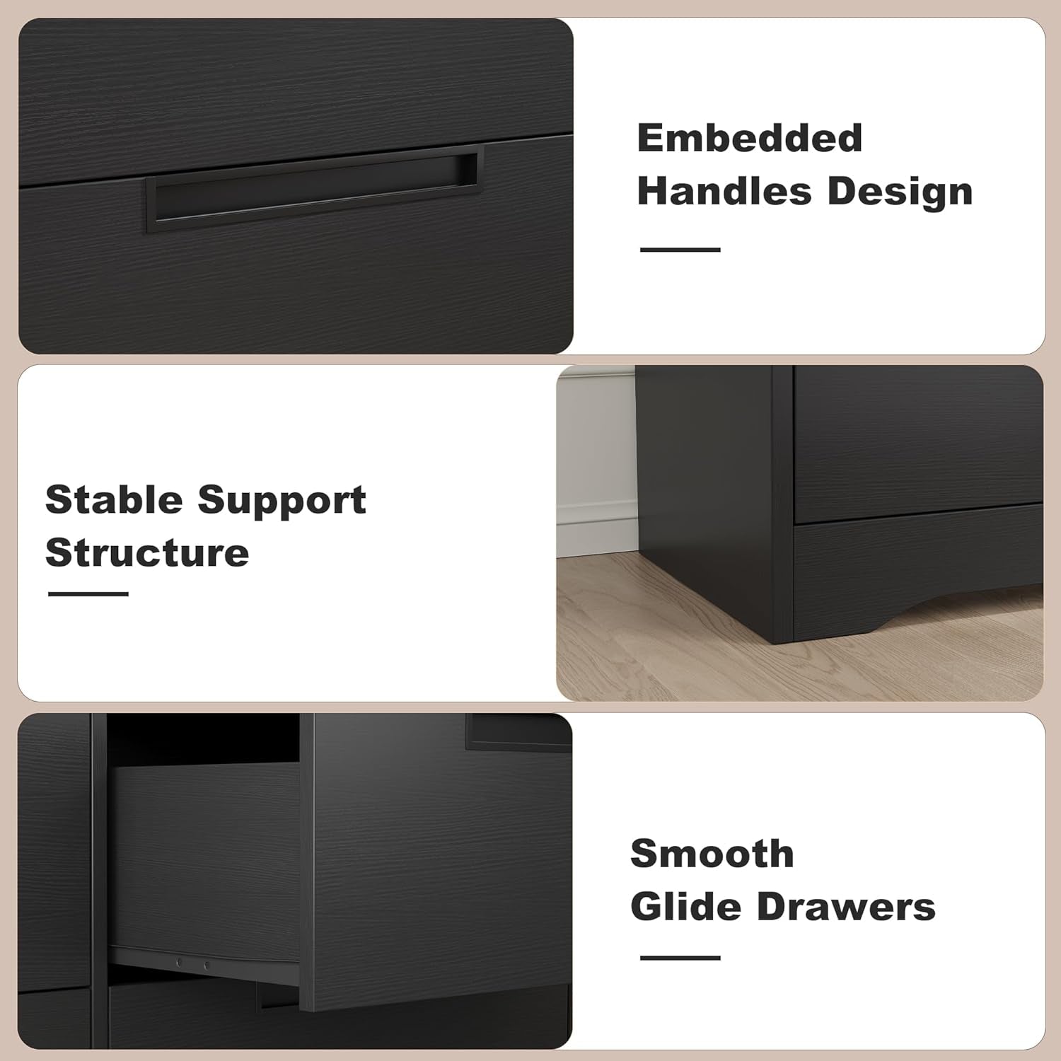 Black Six Drawer Dresser With Embedded Handles And Large Storage