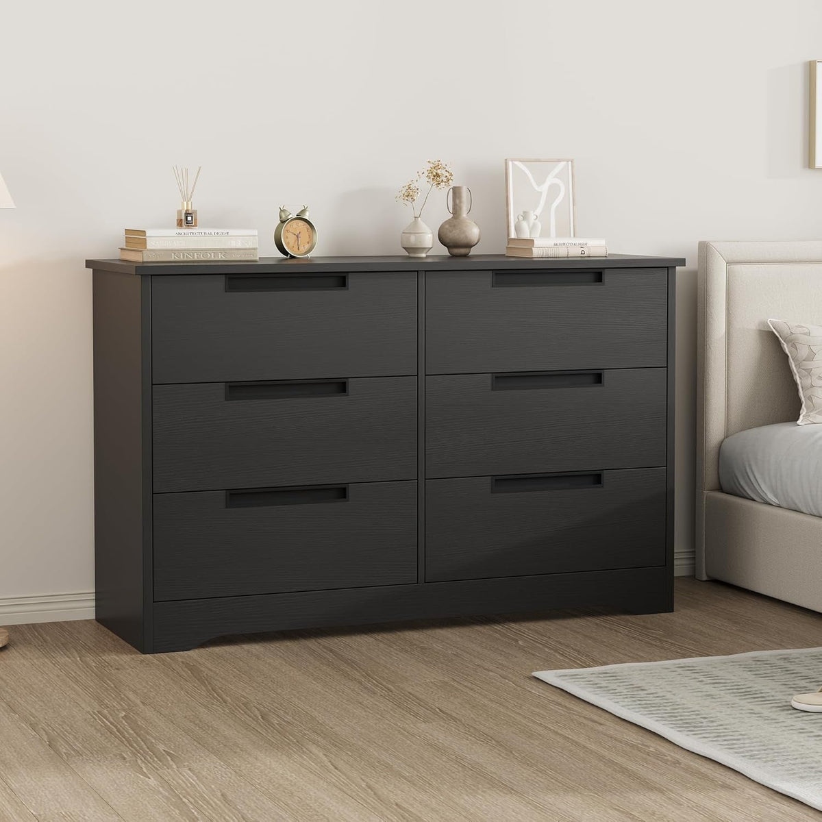 Black Six Drawer Dresser With Embedded Handles And Large Storage