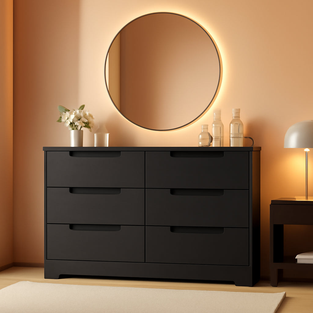 Black Six Drawer Dresser With Embedded Handles And Large Storage