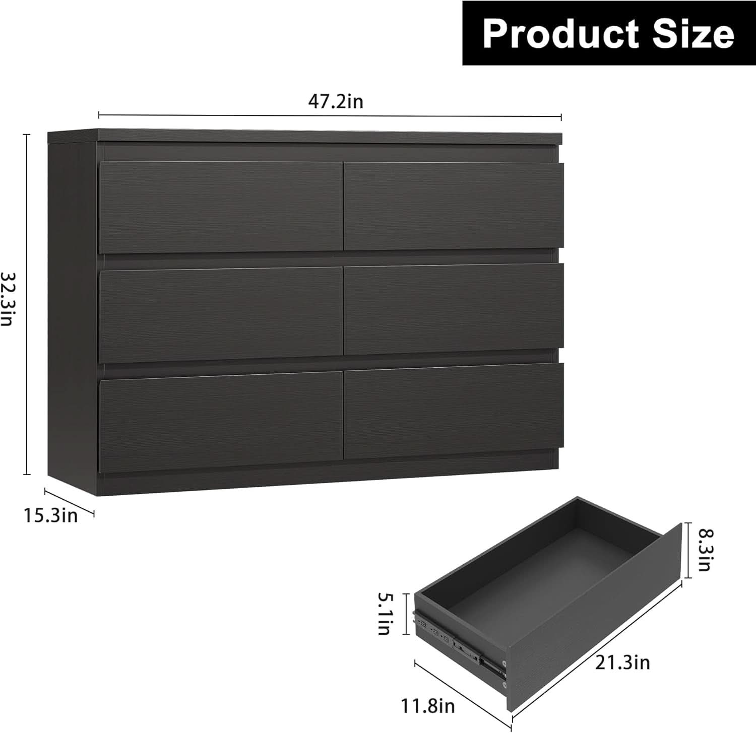 Black Six Drawers Solid Wood Dresser Sturdy Construction