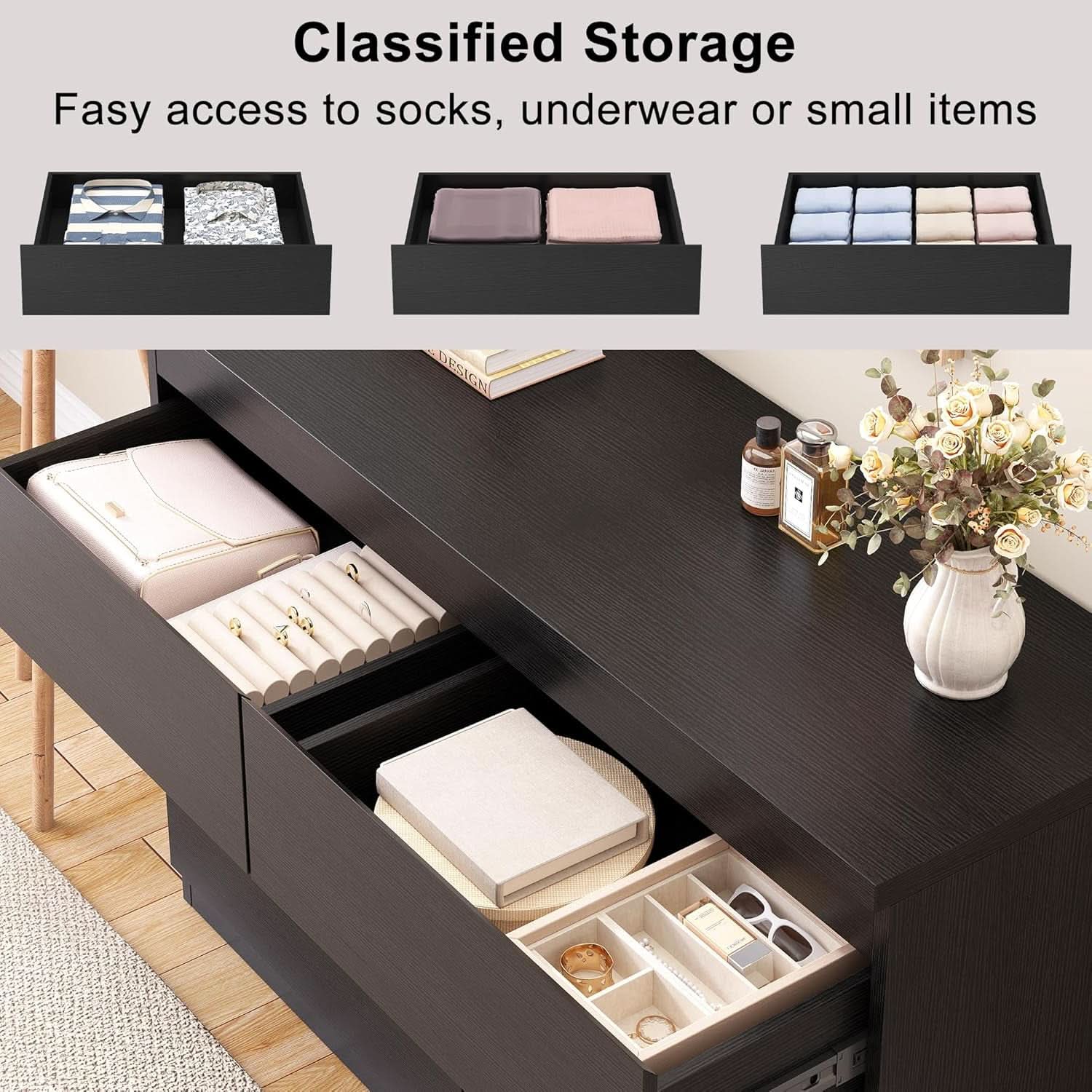 Black Six Drawers Solid Wood Dresser Sturdy Construction