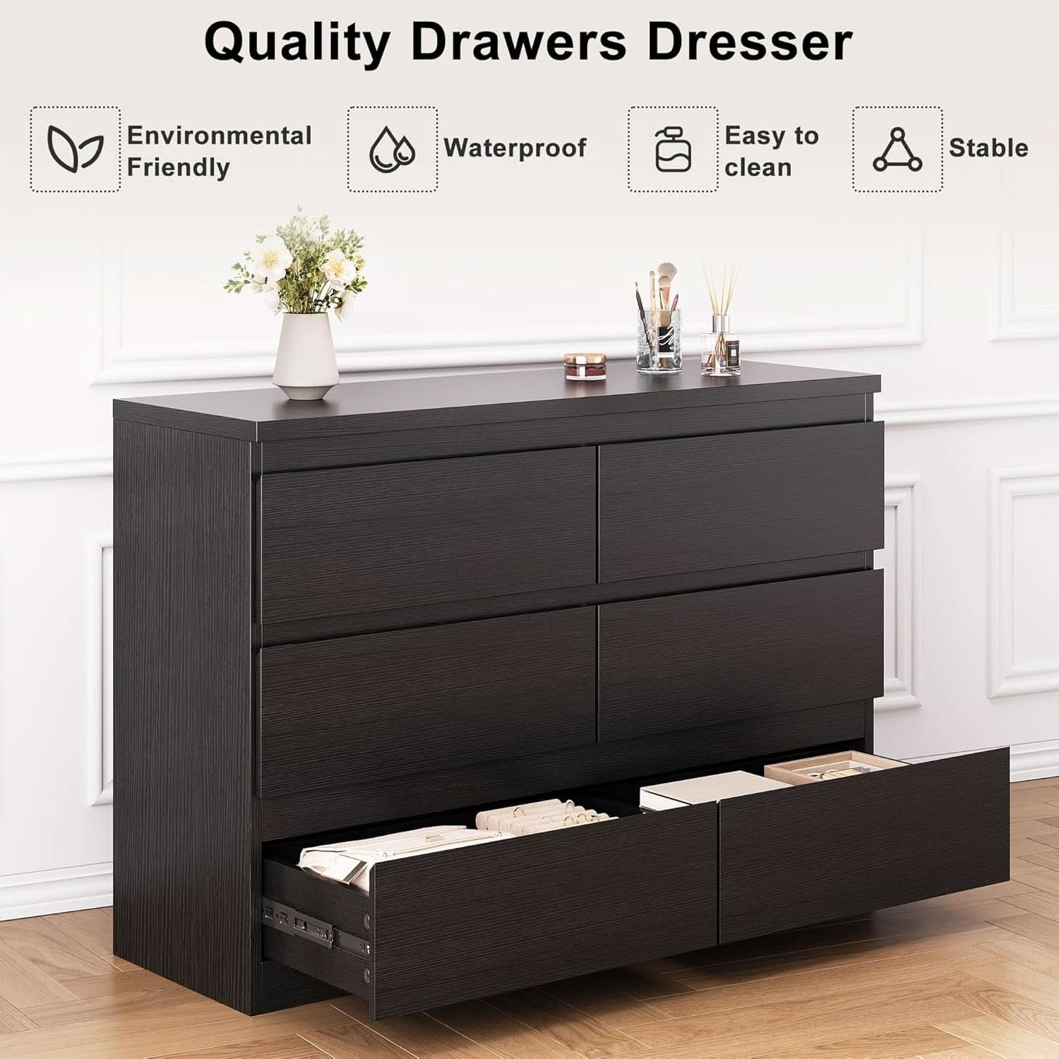Black Six Drawers Solid Wood Dresser Sturdy Construction
