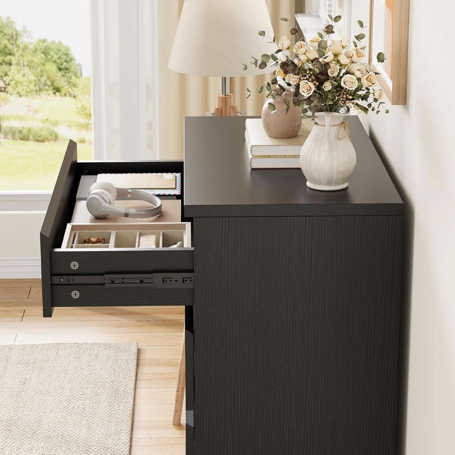 Black Six Drawers Solid Wood Dresser Sturdy Construction
