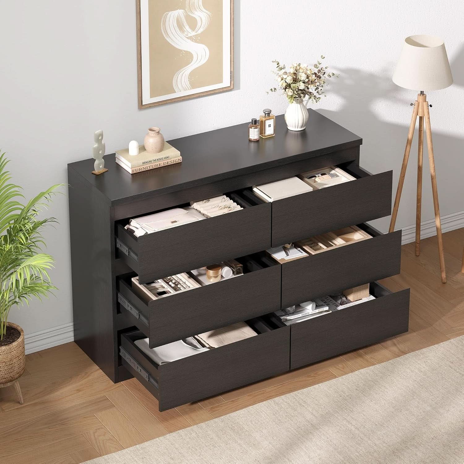 Black Six Drawers Solid Wood Dresser Sturdy Construction