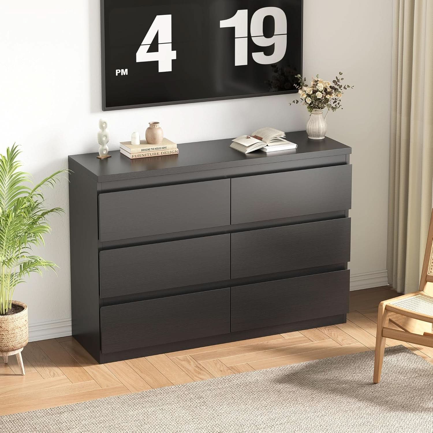 Black Six Drawers Solid Wood Dresser Sturdy Construction