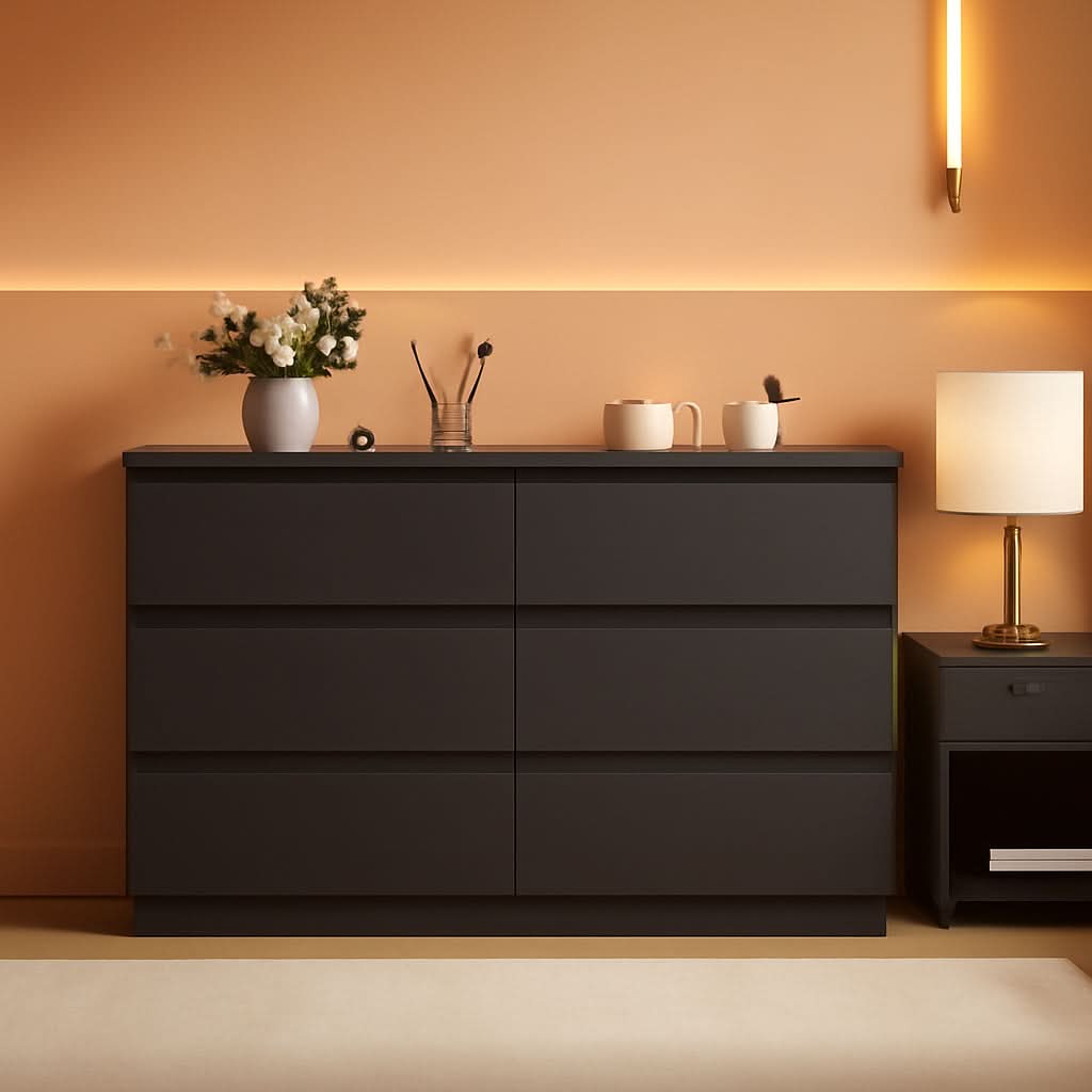 Black Six Drawers Solid Wood Dresser Sturdy Construction