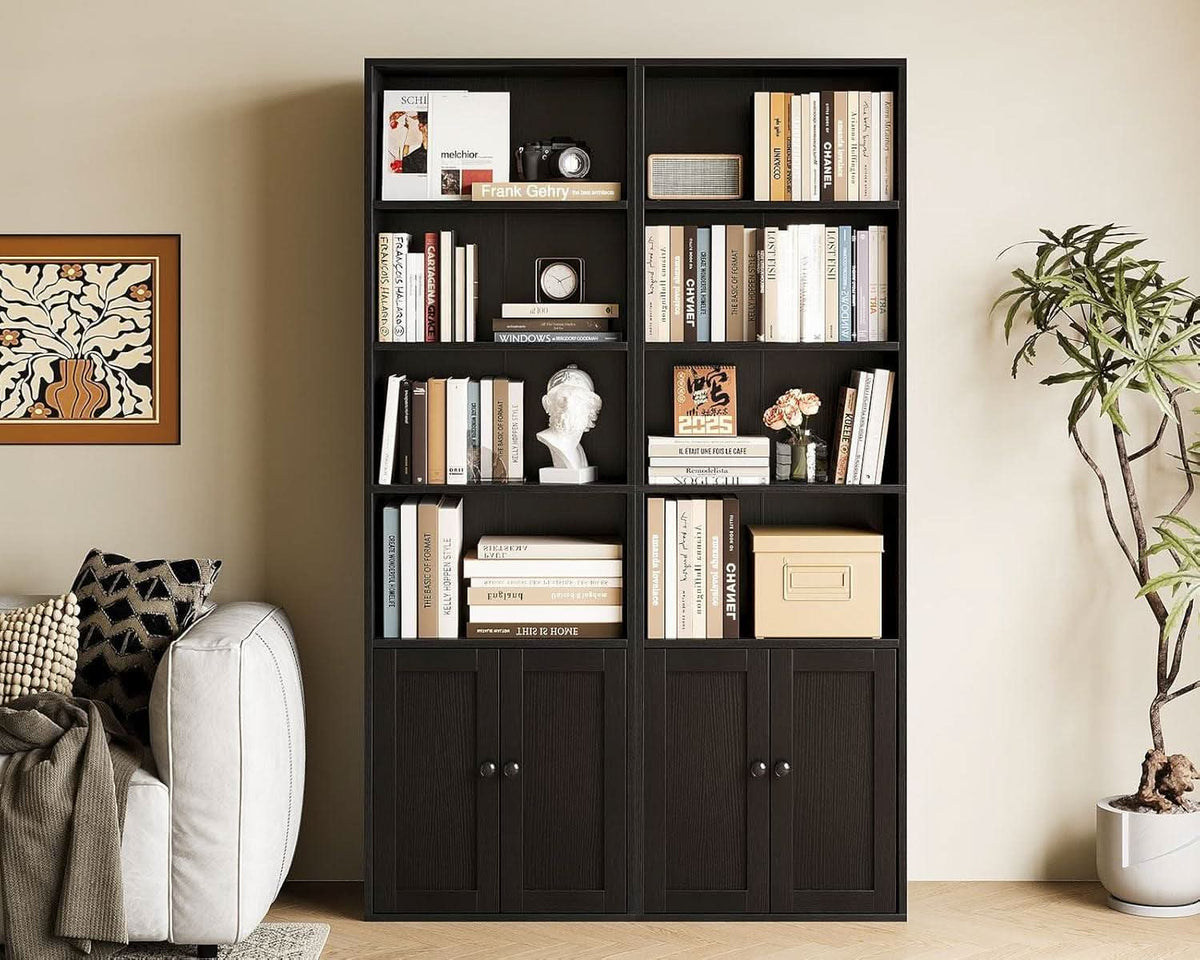 Black Six Tier Floor Standing Bookshelf With Doors