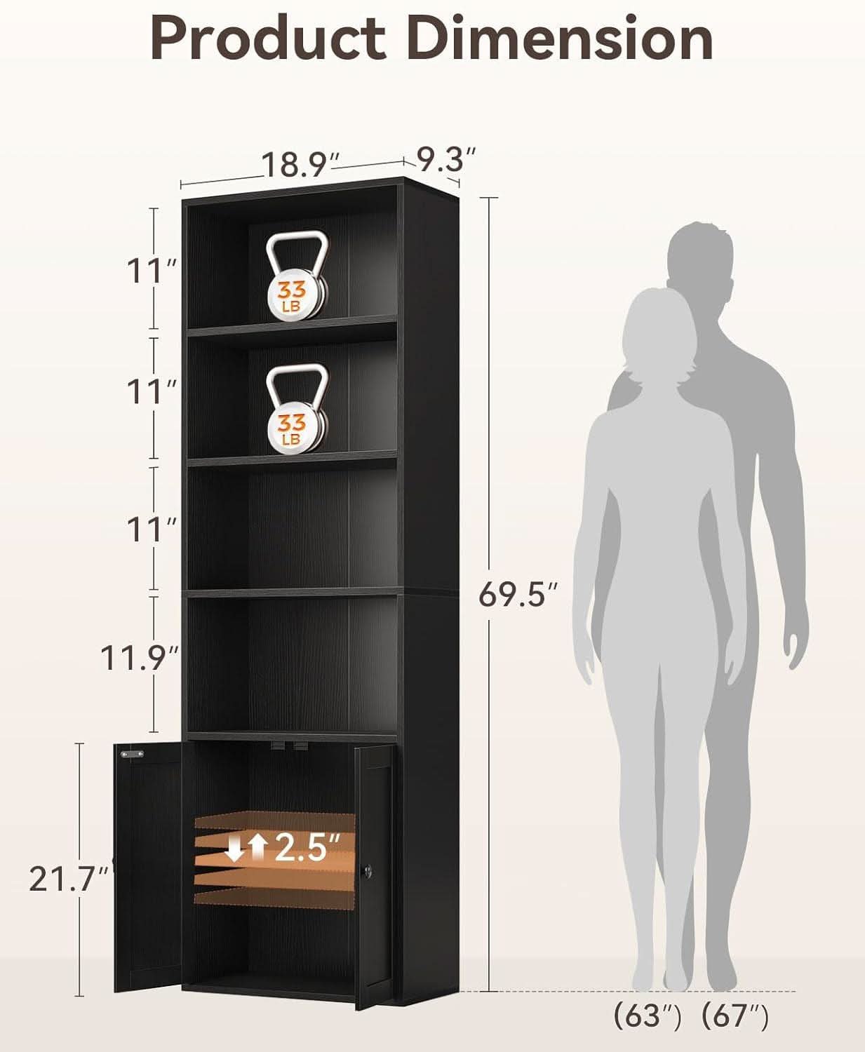Black Six Tier Floor Standing Bookshelf With Doors