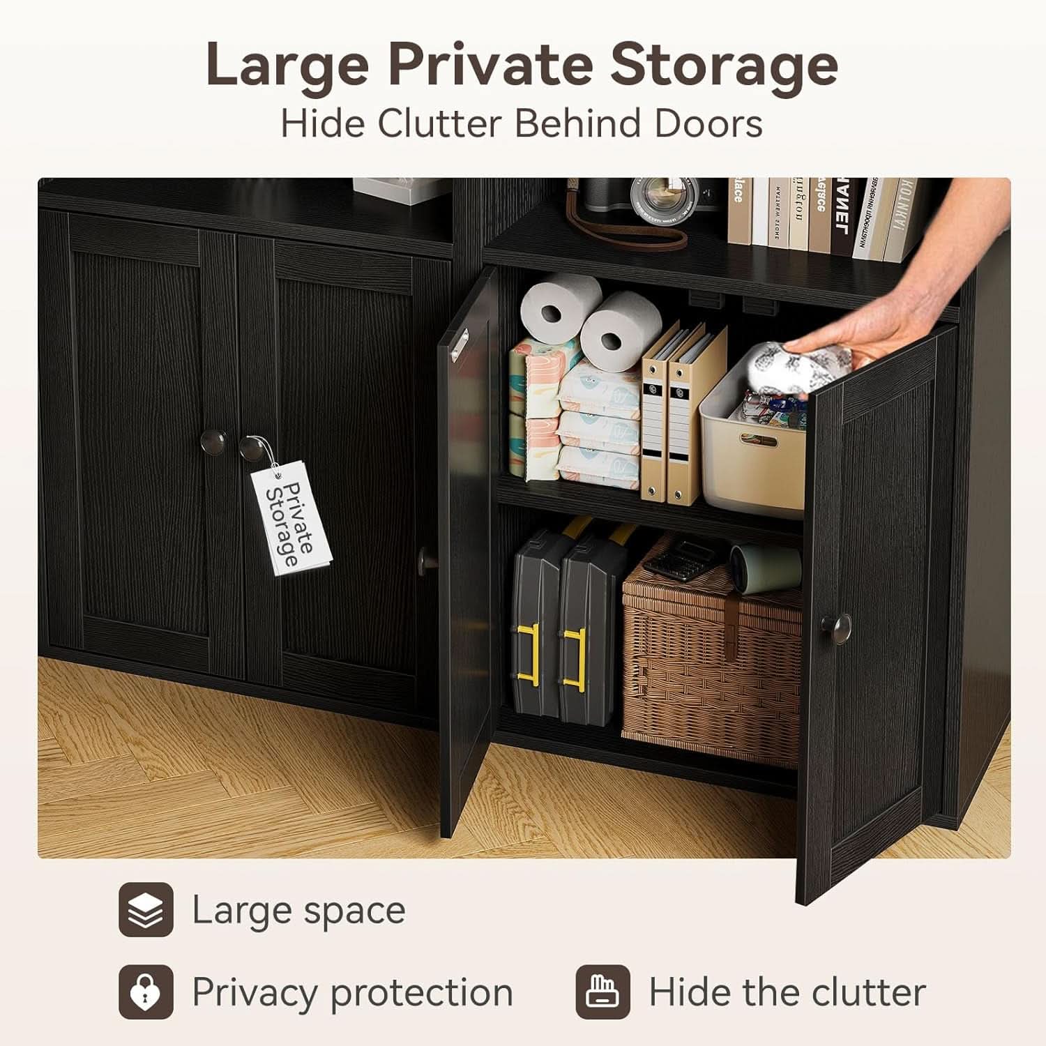 Black Six Tier Floor Standing Bookshelf With Doors